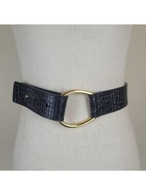 Talbots Belt Large Black Leather Croc Embossed Wide D Ring Gold Buckle Waist